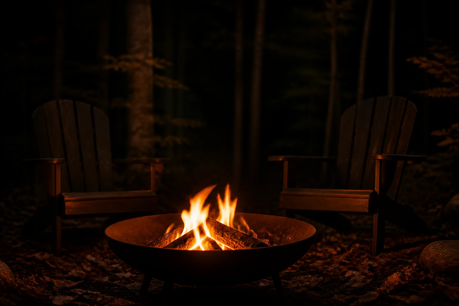Two chairs beside a warm fire in a quiet woodland setting